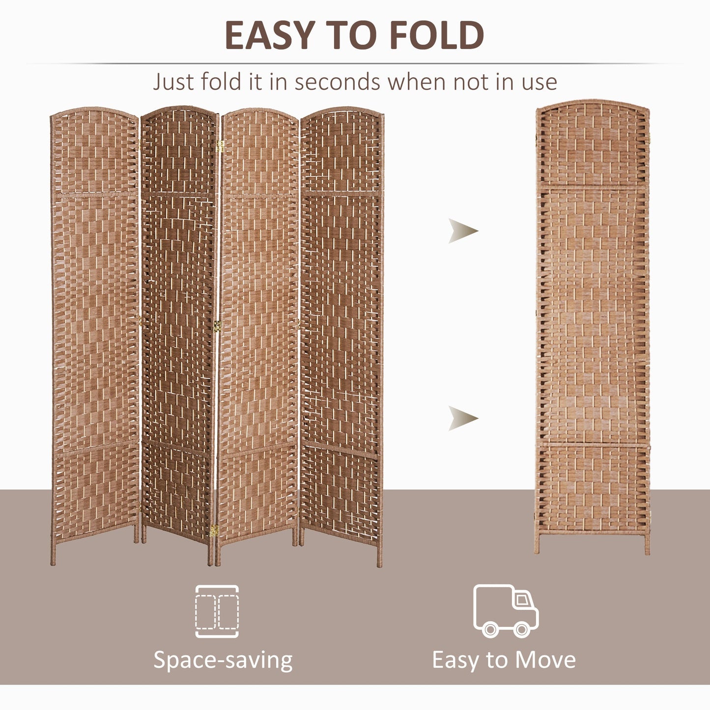 6FT Tall 4-Panel Wicker Weave Room Divider, Folding Privacy Screen, Portable Partition For Bedroom & Home Office, Natural Sensory Smiles